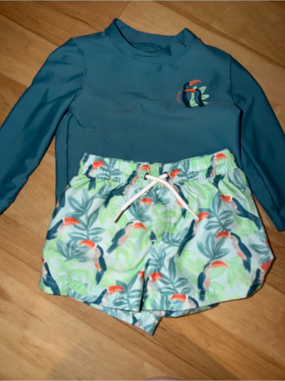 Carter's Teal Long-Sleeve Rashguard with Toucan Print Swim Shorts